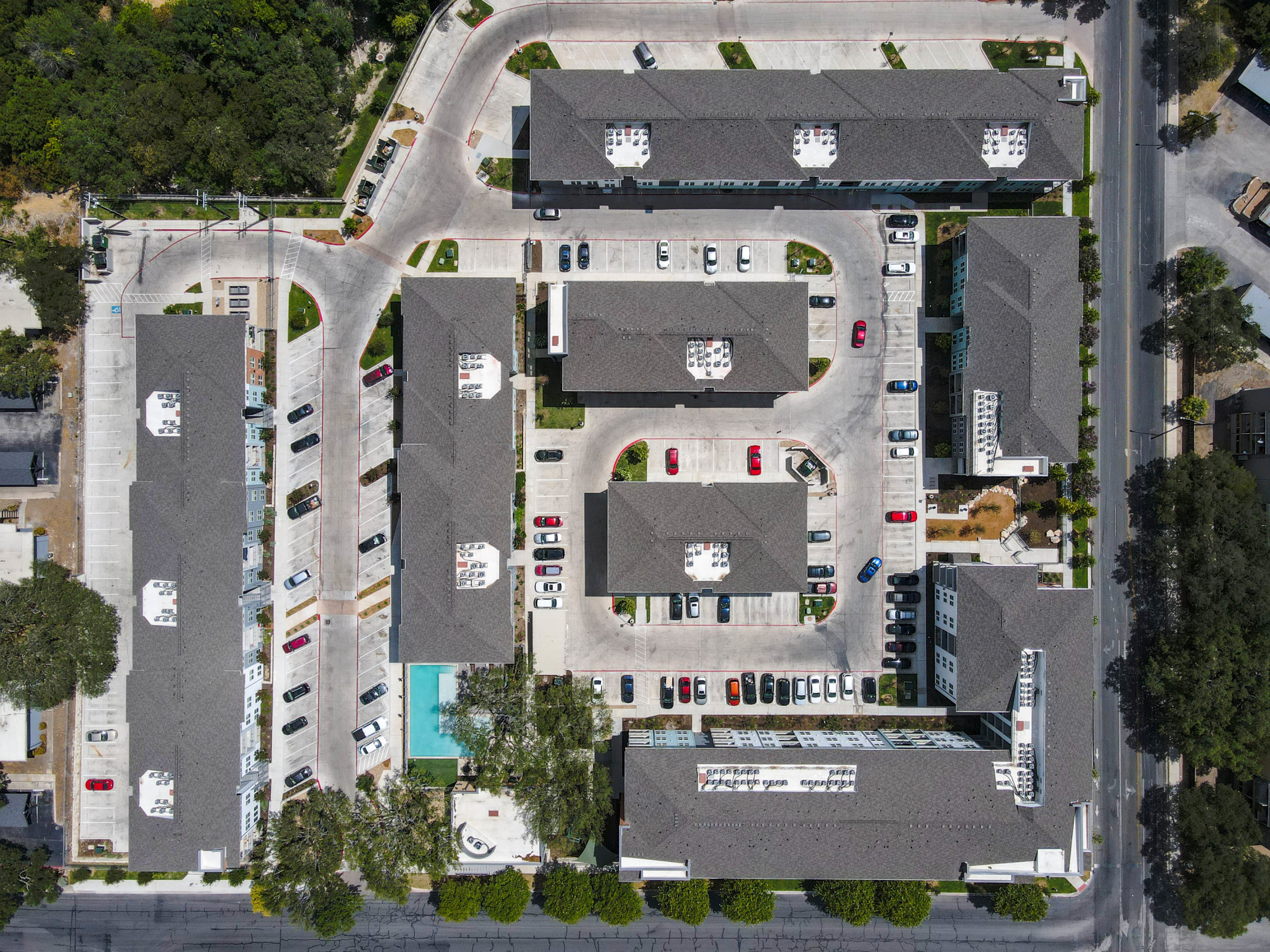 This is an aerial drone shot of the Park at 38Thirty, which is a HUD housing complex.